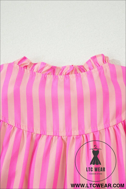 Pink Stripe Split Neck Ruffled Summer Blouse - L.T.C Wear Online Fashion Store