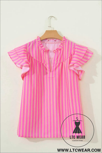 Pink Stripe Split Neck Ruffled Summer Blouse