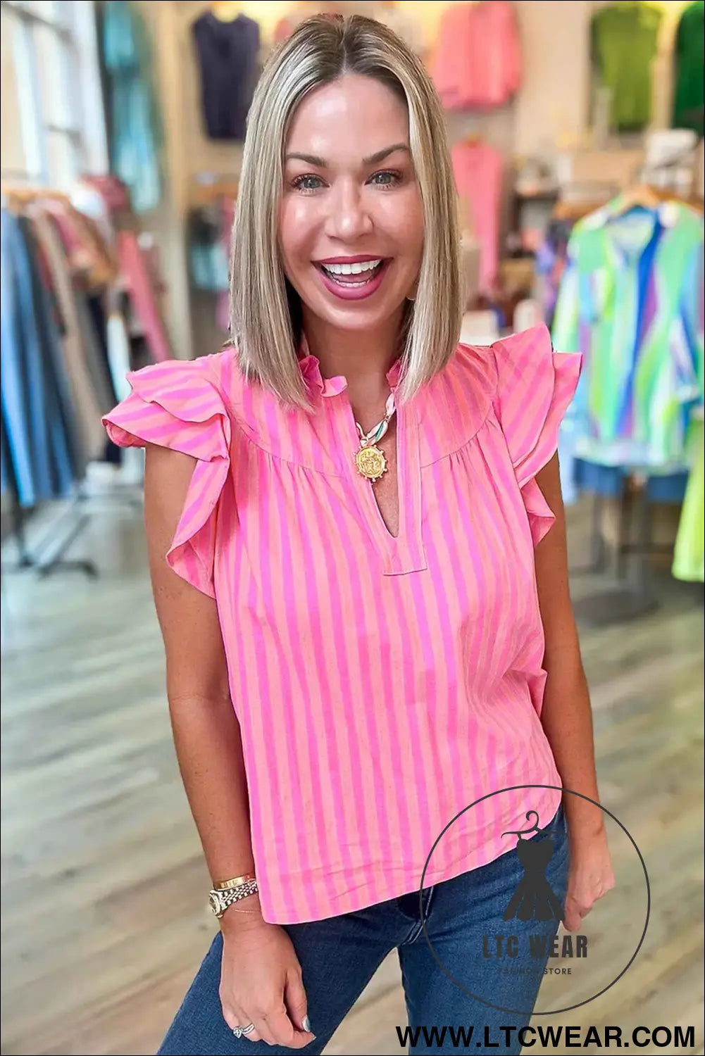 Pink Stripe Split Neck Ruffled Summer Blouse
