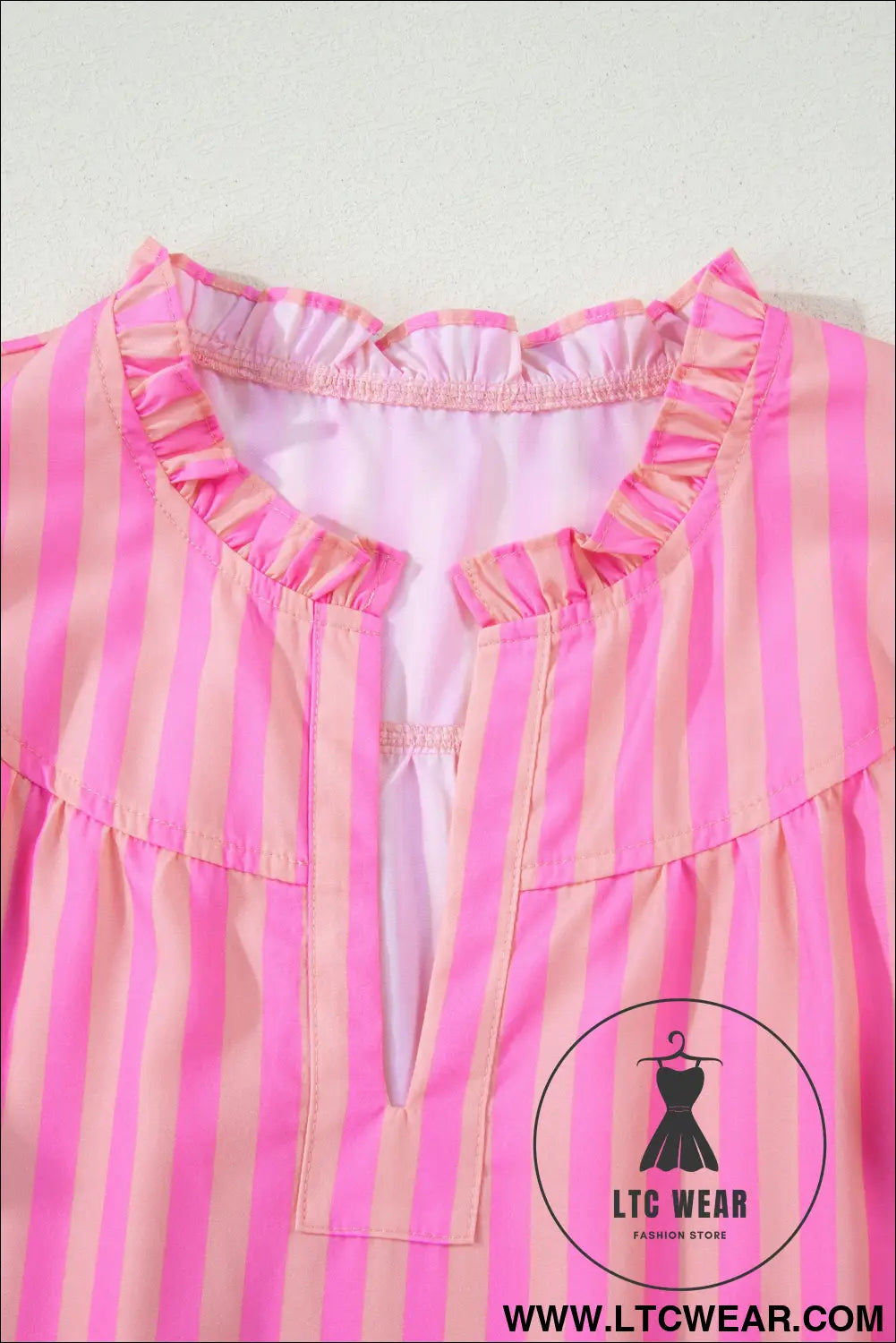 Pink Stripe Split Neck Ruffled Summer Blouse - L.T.C Wear Online Fashion Store