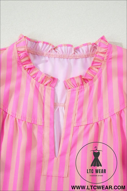 Pink Stripe Split Neck Ruffled Summer Blouse - L.T.C Wear Online Fashion Store
