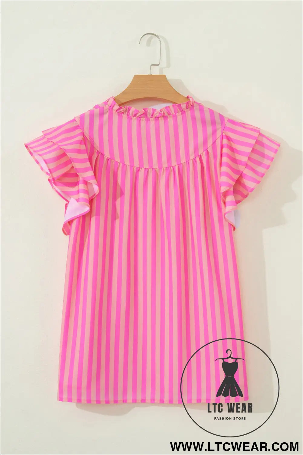 Pink Stripe Split Neck Ruffled Summer Blouse - L.T.C Wear Online Fashion Store