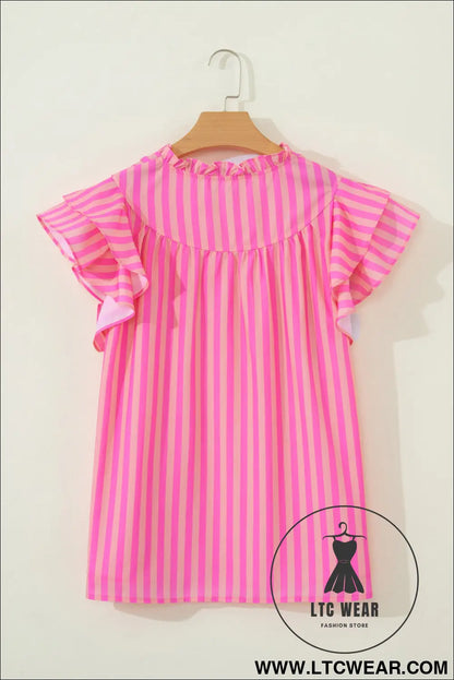 Pink Stripe Split Neck Ruffled Summer Blouse - L.T.C Wear Online Fashion Store