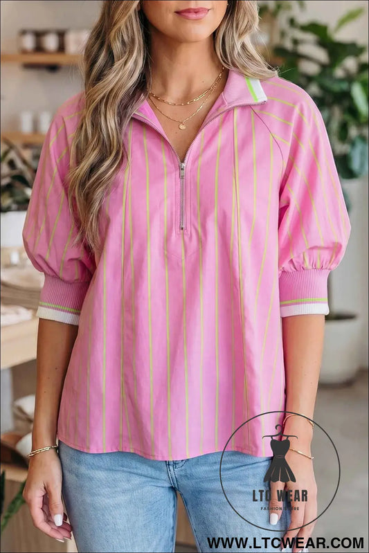 Pink Stripe Striped V-Neck Half Sleeve Zipper Ribbed Cuff Casual Shift Blouse