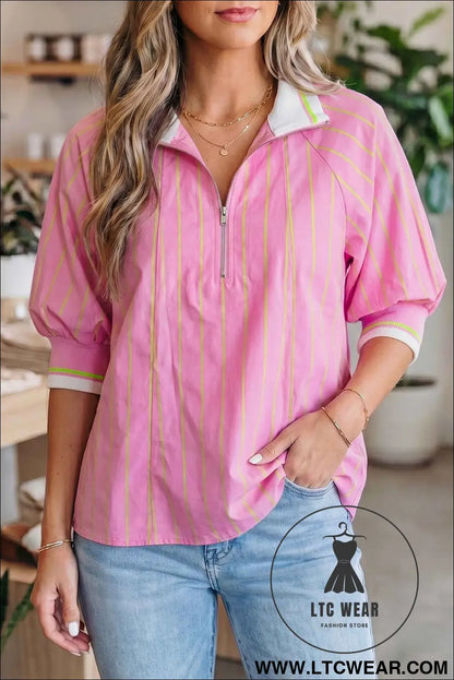 Pink Stripe Striped V-Neck Half Sleeve Zipper Ribbed Cuff Casual Shift Blouse