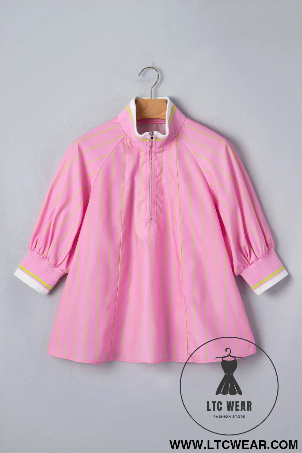 Pink Stripe Striped V-Neck Half Sleeve Zipper Ribbed Cuff Casual Shift Blouse - L.T.C Wear Online Fashion Store
