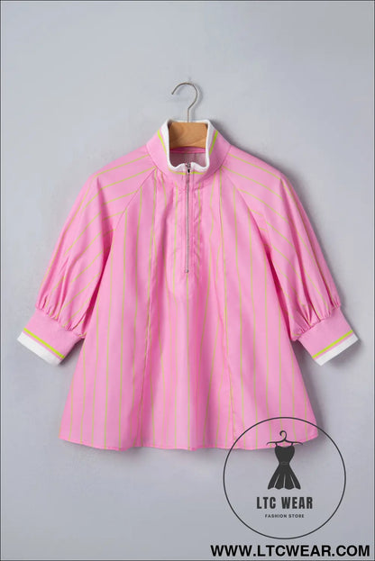 Pink Stripe Striped V-Neck Half Sleeve Zipper Ribbed Cuff Casual Shift Blouse - L.T.C Wear Online Fashion Store