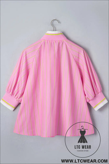 Pink Stripe Striped V-Neck Half Sleeve Zipper Ribbed Cuff Casual Shift Blouse - L.T.C Wear Online Fashion Store