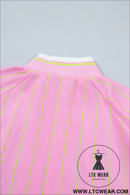 Pink Stripe Striped V-Neck Half Sleeve Zipper Ribbed Cuff Casual Shift Blouse - L.T.C Wear Online Fashion Store