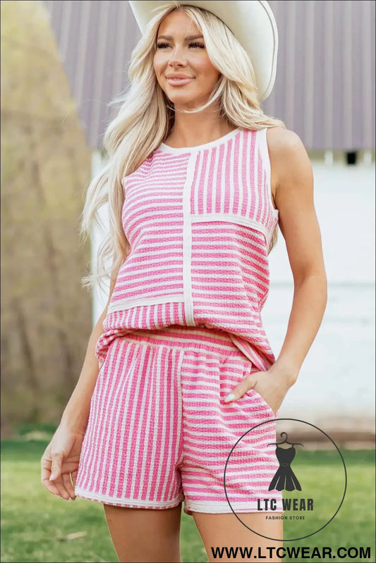 Pink Stripe Textured Contrast Trim Casual Tank and Shorts Set