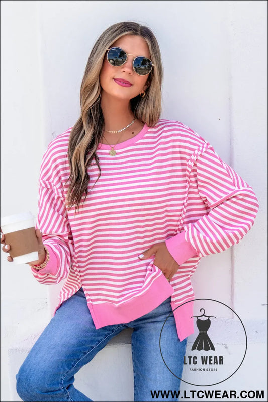 Pink Stripe Textured Knit Color Block Trim Split Hem Long Sleeve Top