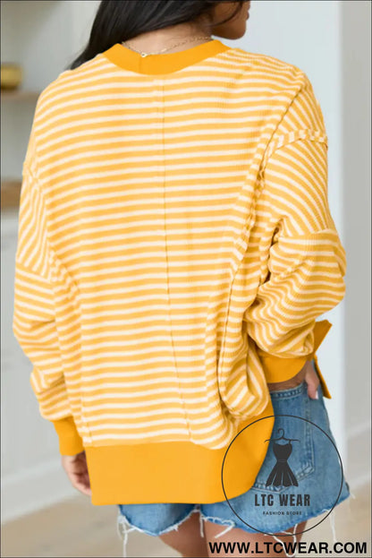 Pink Stripe Textured Knit Color Block Trim Split Hem Long Sleeve Top