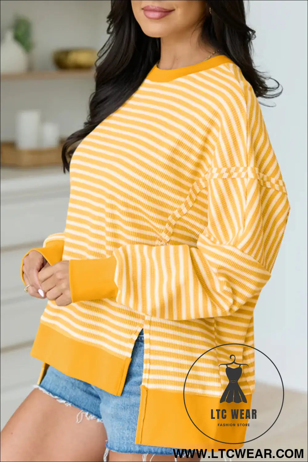 Pink Stripe Textured Knit Color Block Trim Split Hem Long Sleeve Top