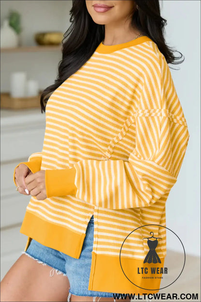 Pink Stripe Textured Knit Color Block Trim Split Hem Long Sleeve Top