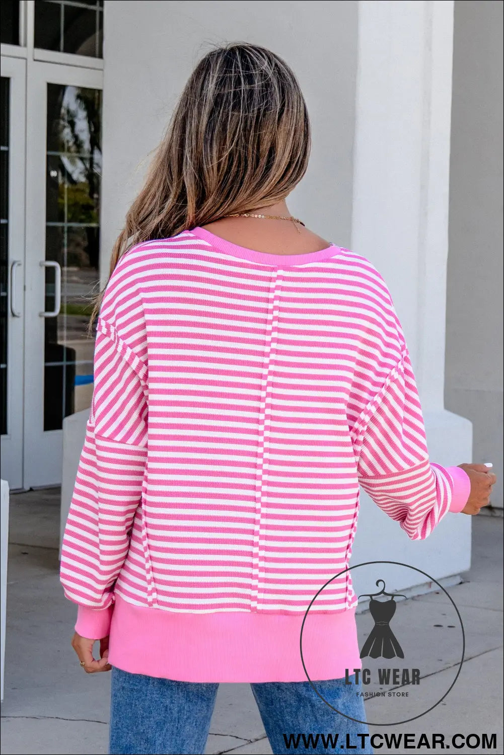 Pink Stripe Textured Knit Color Block Trim Split Hem Long Sleeve Top
