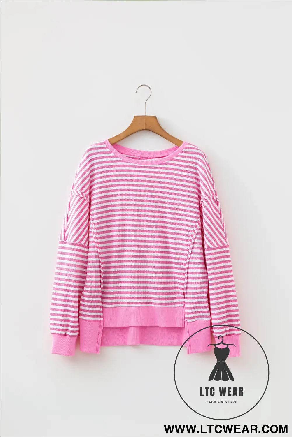 Pink Stripe Textured Knit Color Block Trim Split Hem Long Sleeve Top