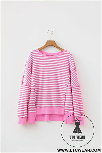 Pink Stripe Textured Knit Color Block Trim Split Hem Long Sleeve Top