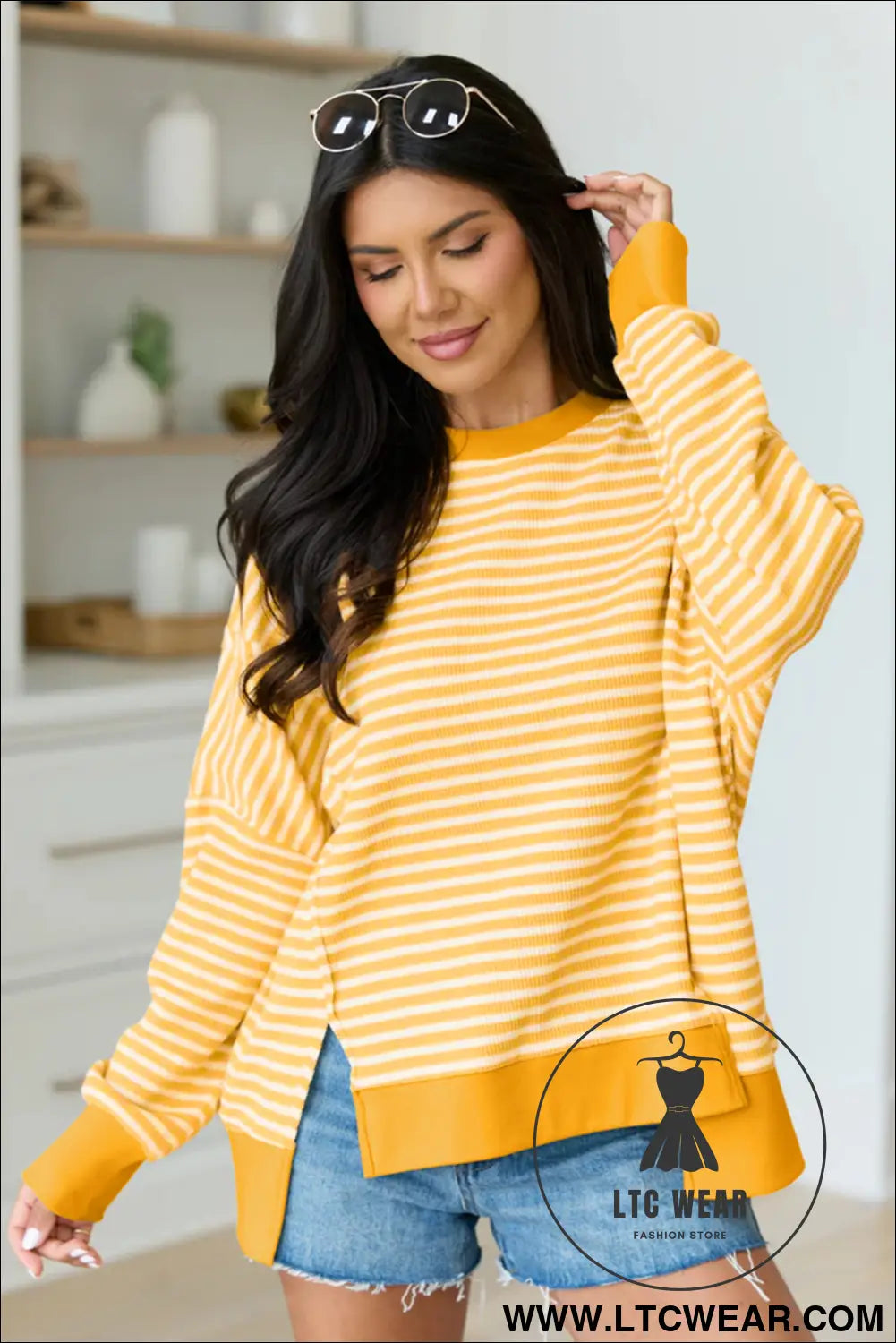 Pink Stripe Textured Knit Color Block Trim Split Hem Long Sleeve Top