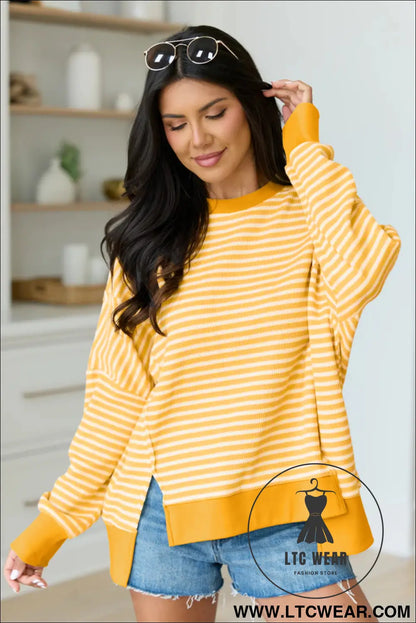 Pink Stripe Textured Knit Color Block Trim Split Hem Long Sleeve Top