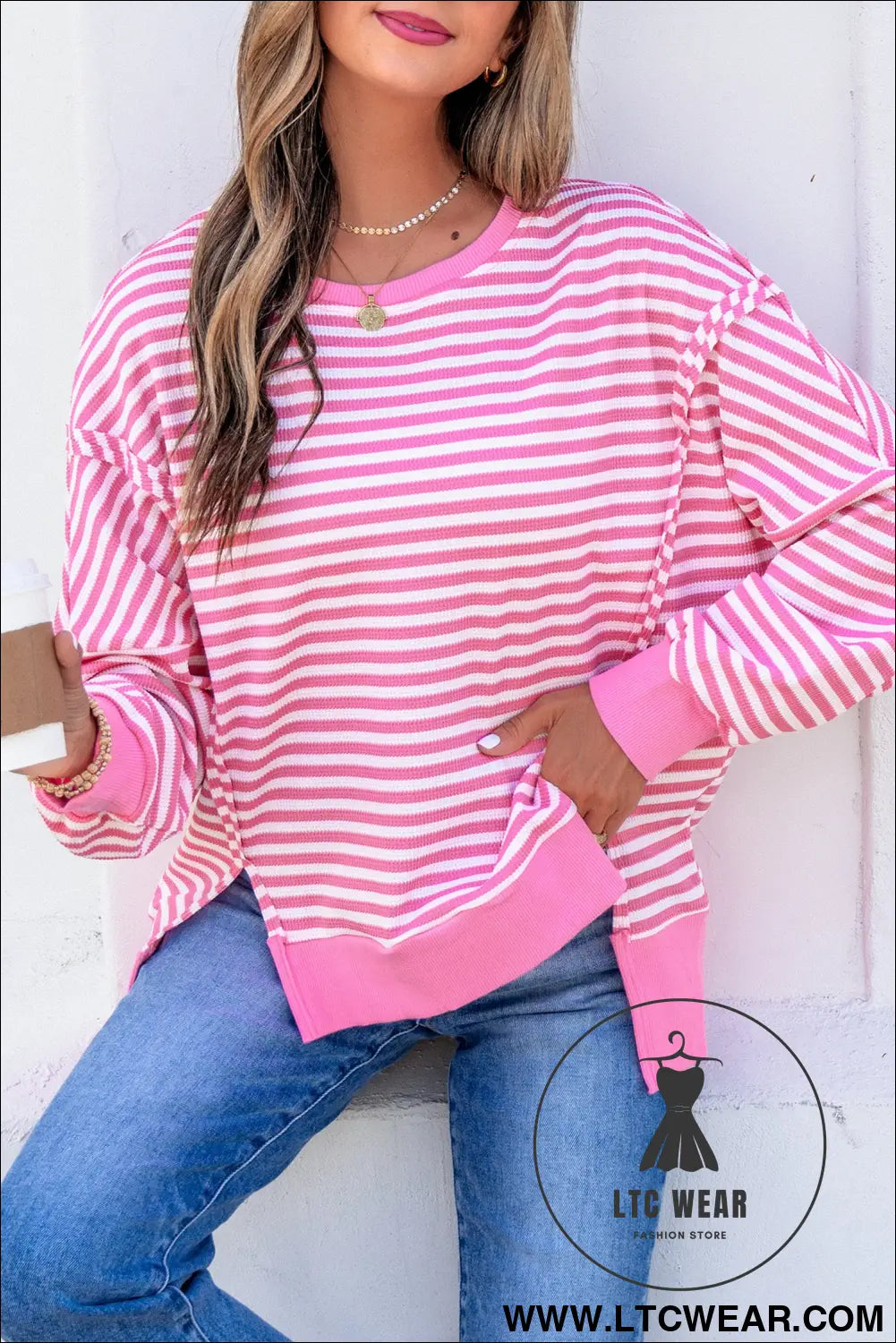 Pink Stripe Textured Knit Color Block Trim Split Hem Long Sleeve Top