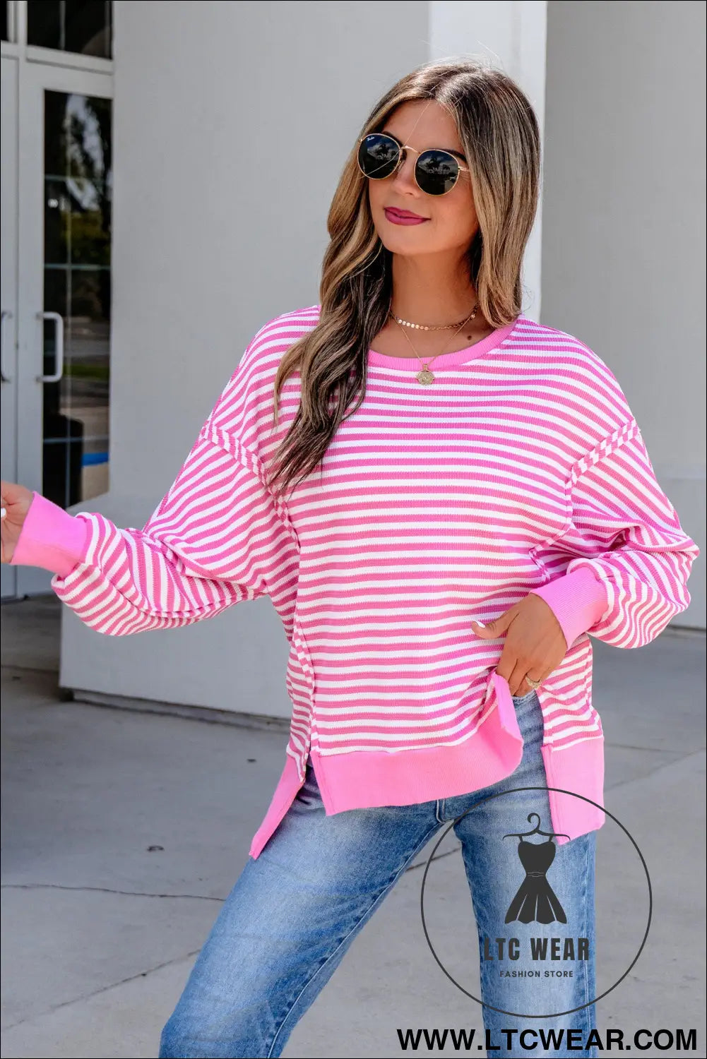 Pink Stripe Textured Knit Color Block Trim Split Hem Long Sleeve Top