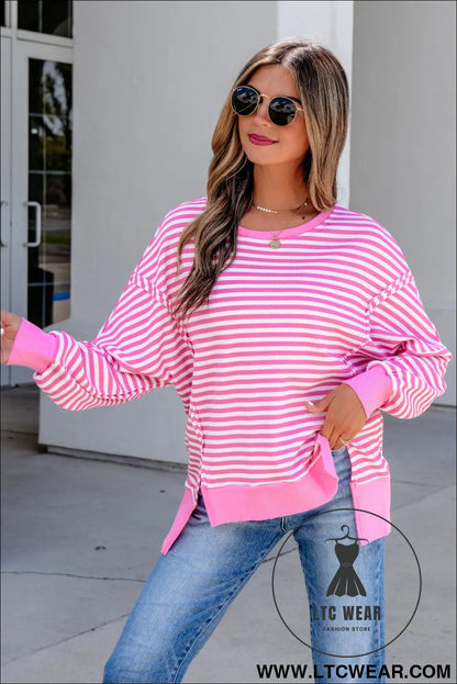 Pink Stripe Textured Knit Color Block Trim Split Hem Long Sleeve Top