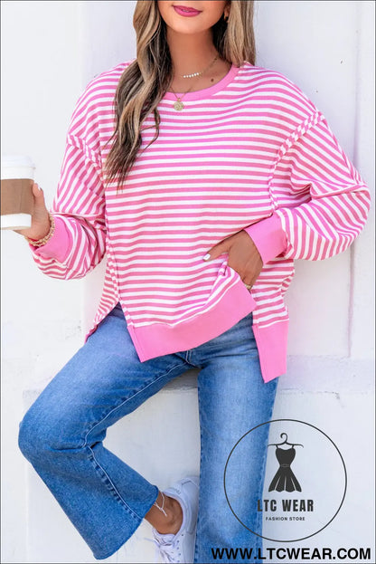 Pink Stripe Textured Knit Color Block Trim Split Hem Long Sleeve Top