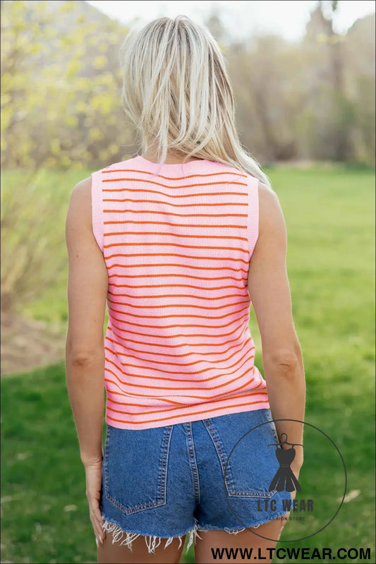 Pink Stripe Textured Knit Sleeveless Casual Sweater Top