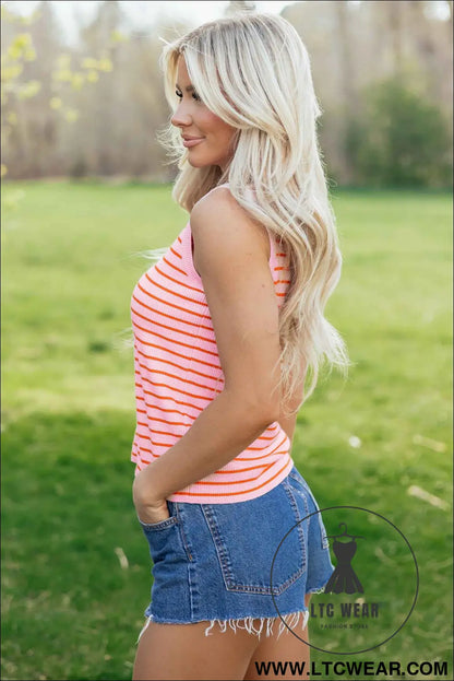 Pink Stripe Textured Knit Sleeveless Casual Sweater Top
