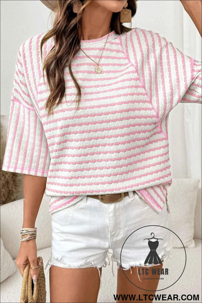 Pink Stripe Textured Knit Split Hem Half Sleeve Loose Top