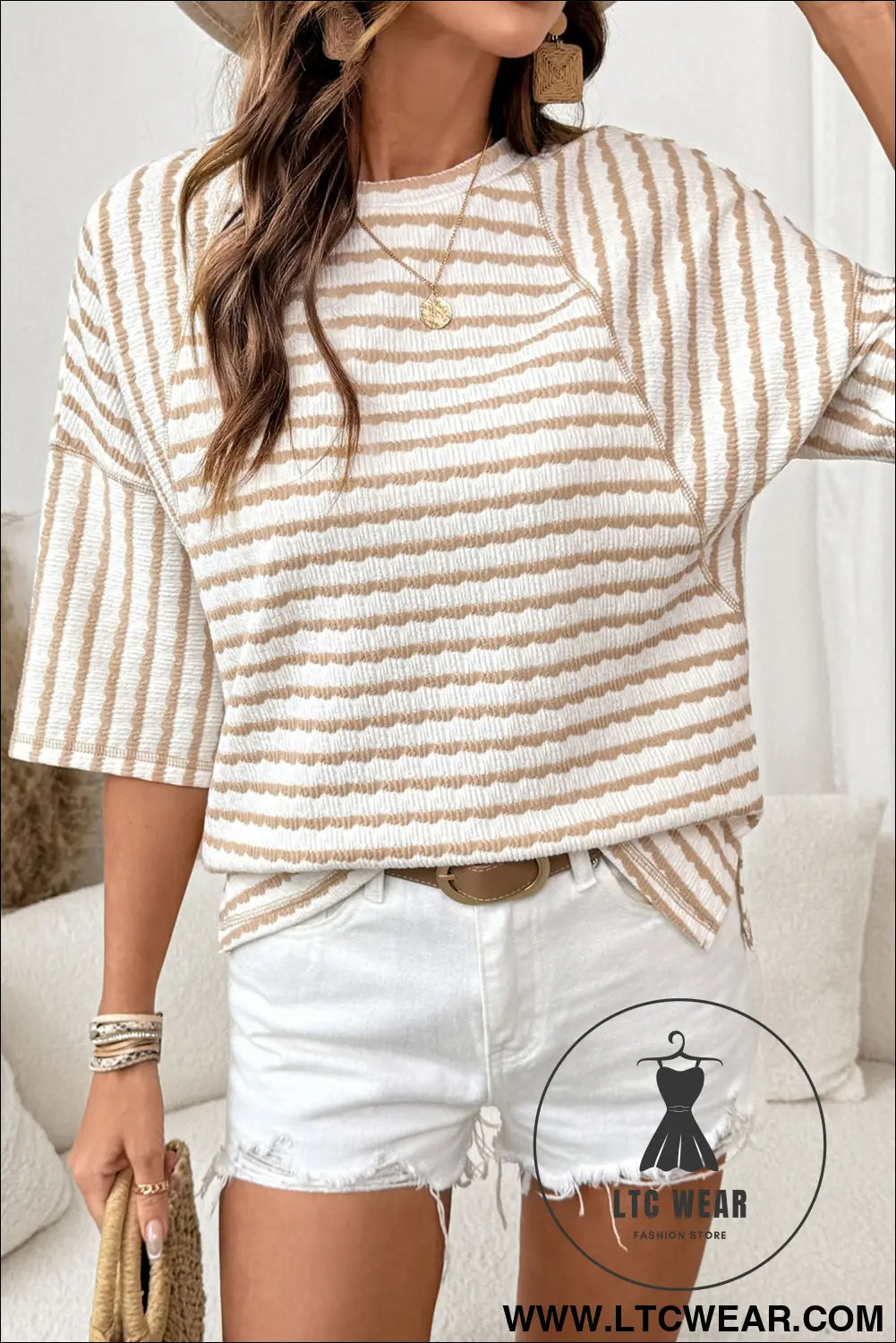 Pink Stripe Textured Knit Split Hem Half Sleeve Loose Top - L.T.C Wear Online Fashion Store