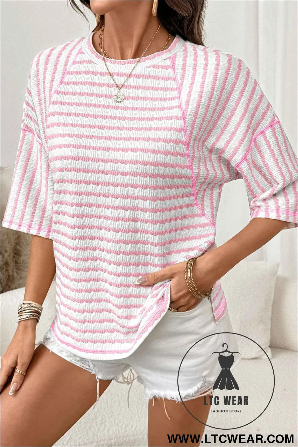 Pink Stripe Textured Knit Split Hem Half Sleeve Loose Top