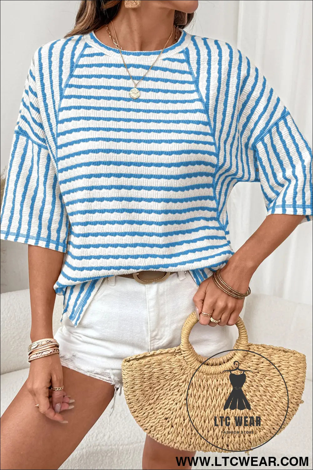 Pink Stripe Textured Knit Split Hem Half Sleeve Loose Top - L.T.C Wear Online Fashion Store
