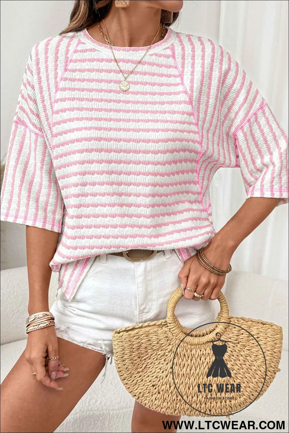 Pink Stripe Textured Knit Split Hem Half Sleeve Loose Top