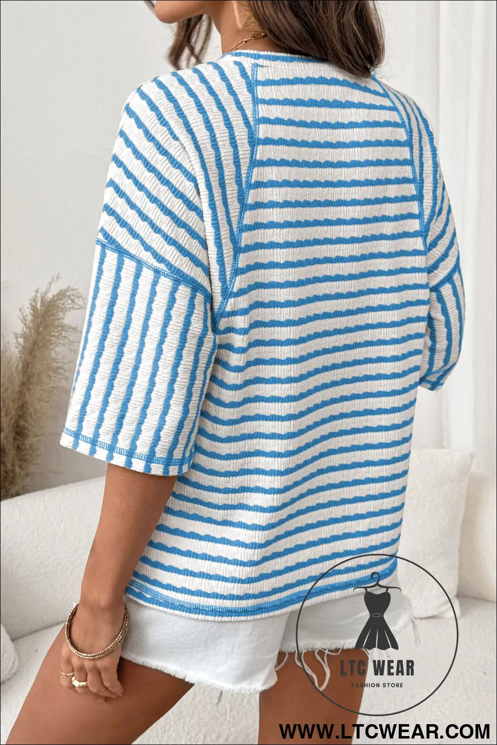 Pink Stripe Textured Knit Split Hem Half Sleeve Loose Top - L.T.C Wear Online Fashion Store
