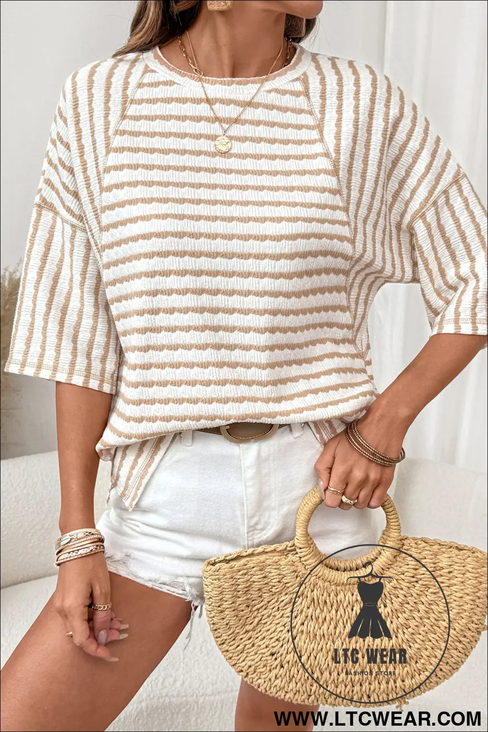 Pink Stripe Textured Knit Split Hem Half Sleeve Loose Top - L.T.C Wear Online Fashion Store