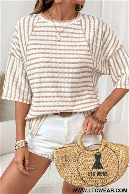 Pink Stripe Textured Knit Split Hem Half Sleeve Loose Top - L.T.C Wear Online Fashion Store