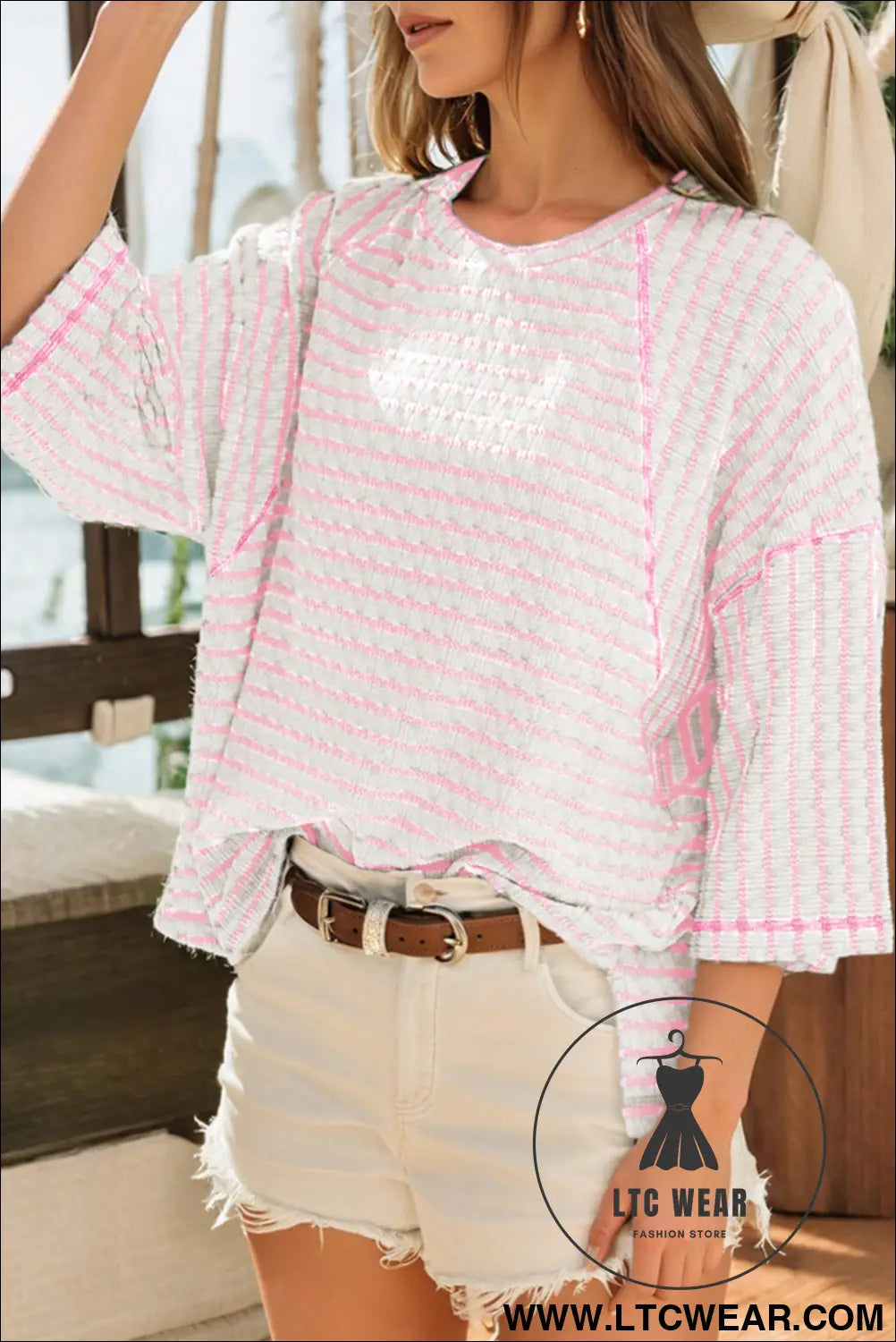 Pink Stripe Textured Knit Split Hem Half Sleeve Loose Top - L.T.C Wear Online Fashion Store