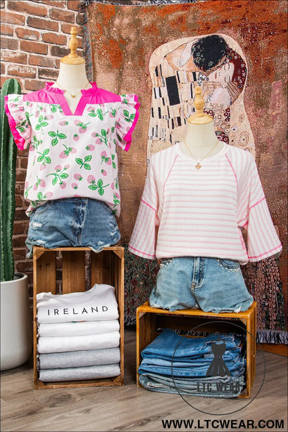 Pink Stripe Textured Knit Split Hem Half Sleeve Loose Top - L.T.C Wear Online Fashion Store