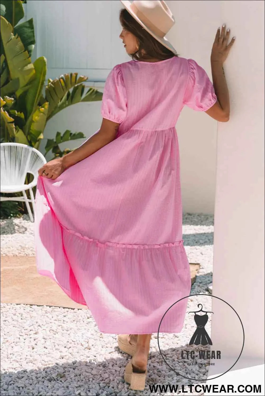 Pink Stripe V Neck Puff Short Sleeve Maxi Dress