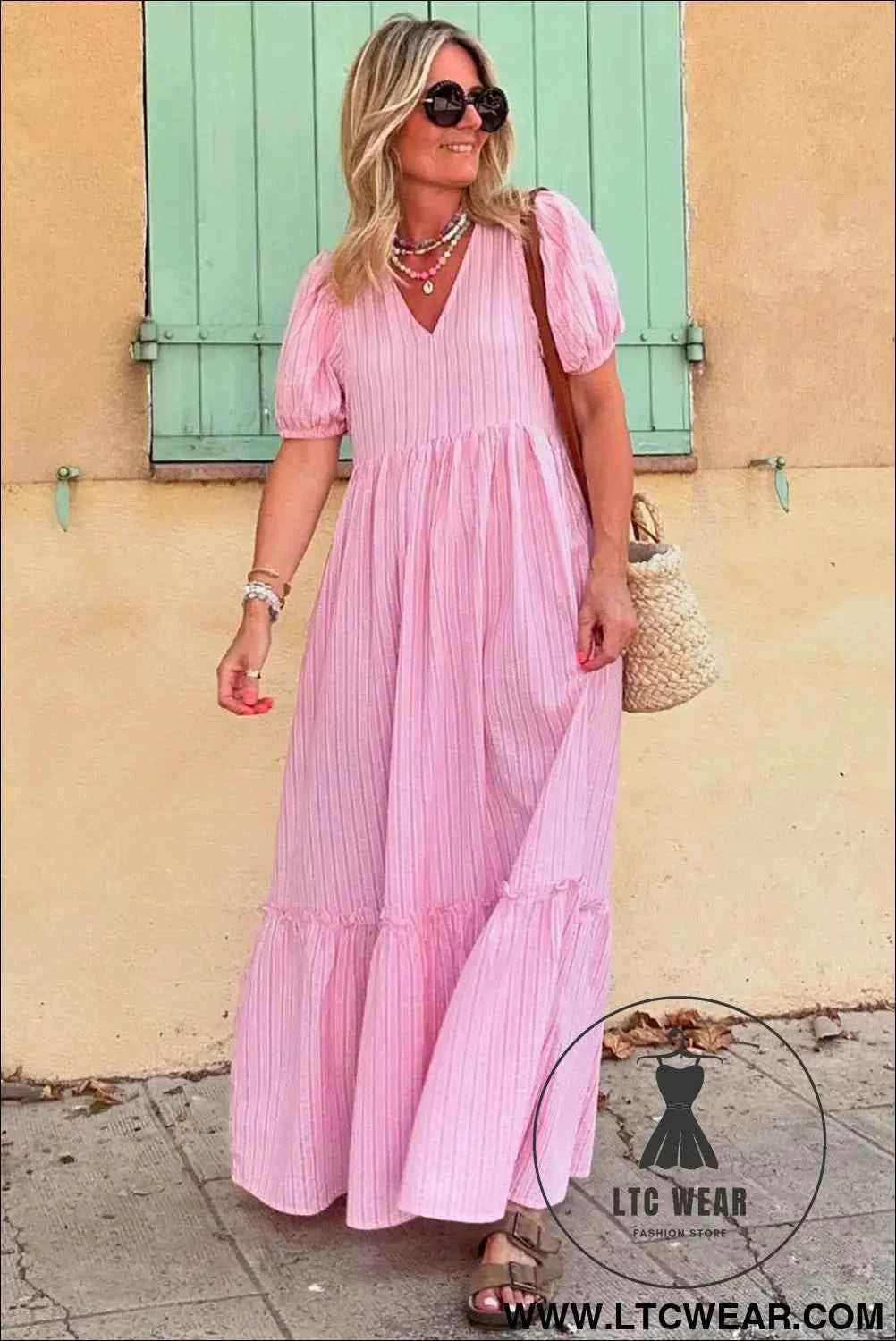 Pink Stripe V Neck Puff Short Sleeve Maxi Dress