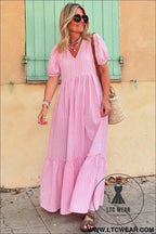 Pink Stripe V Neck Puff Short Sleeve Maxi Dress