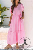 Pink Stripe V Neck Puff Short Sleeve Maxi Dress