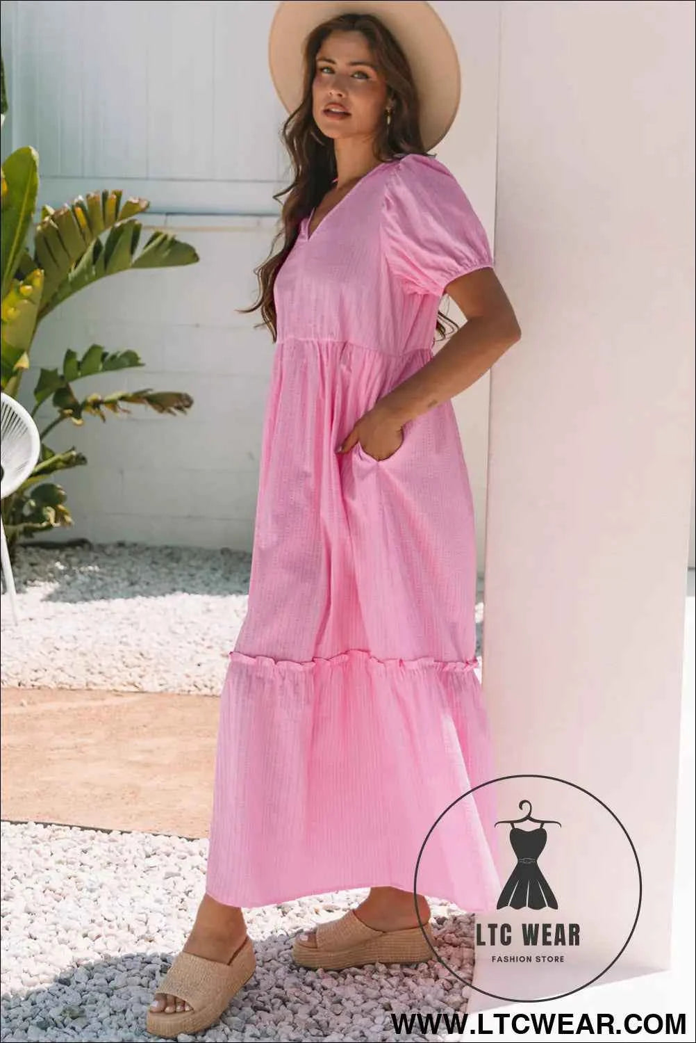 Pink Stripe V Neck Puff Short Sleeve Maxi Dress