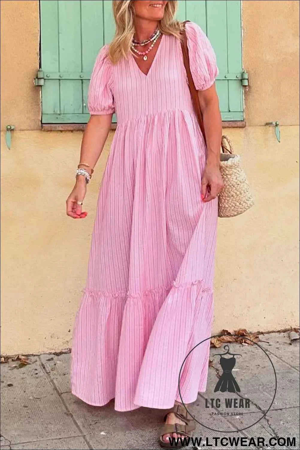 Pink Stripe V Neck Puff Short Sleeve Maxi Dress