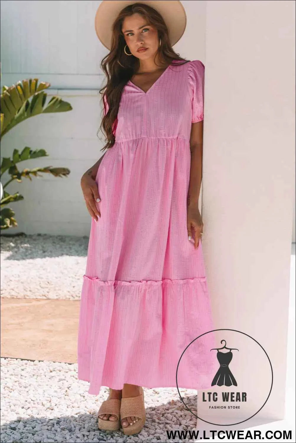 Pink Stripe V Neck Puff Short Sleeve Maxi Dress
