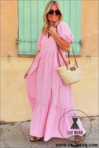 Pink Stripe V Neck Puff Short Sleeve Maxi Dress