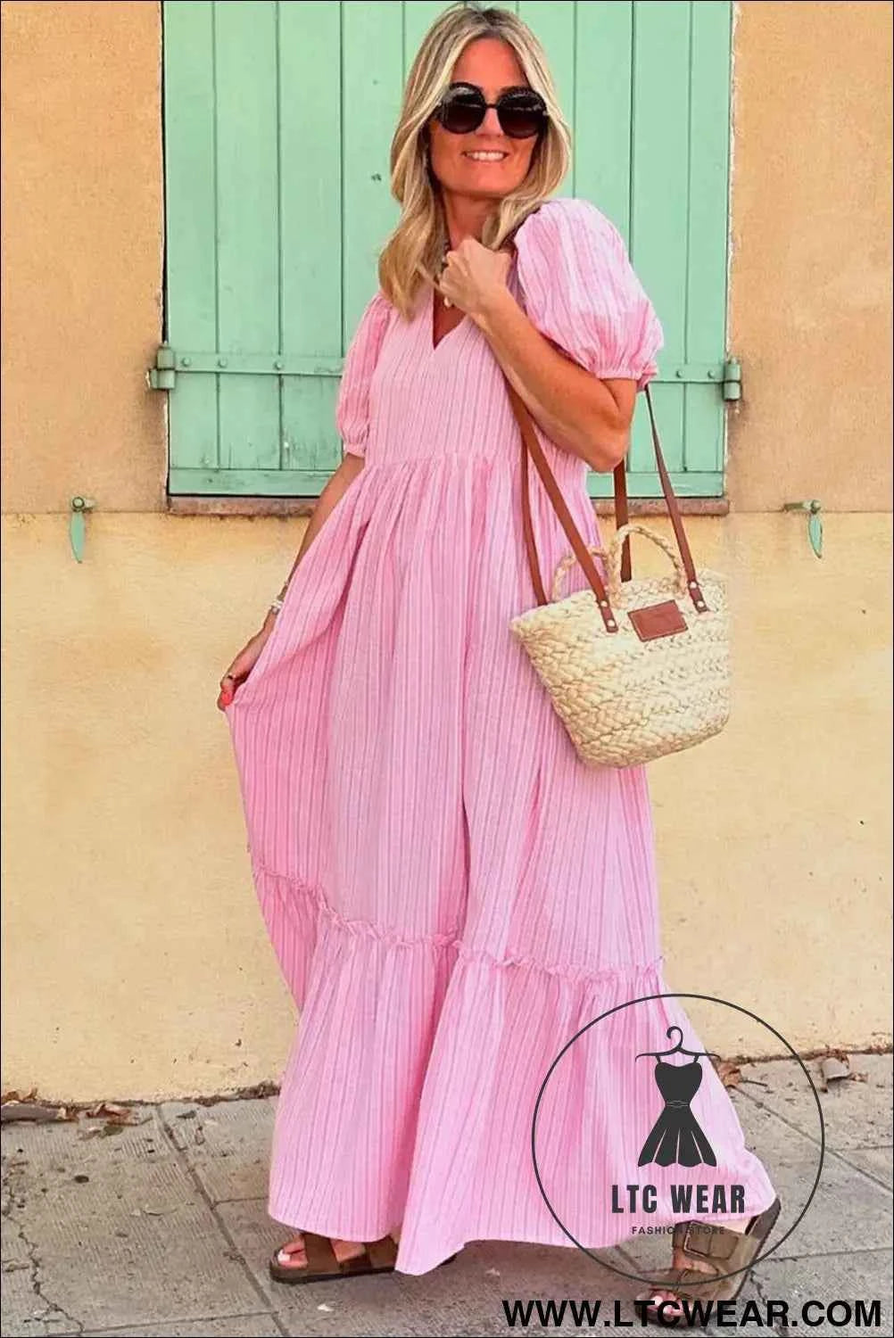 Pink Stripe V Neck Puff Short Sleeve Maxi Dress