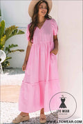 Pink Stripe V Neck Puff Short Sleeve Maxi Dress