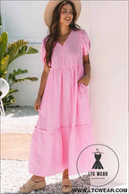 Pink Stripe V Neck Puff Short Sleeve Maxi Dress
